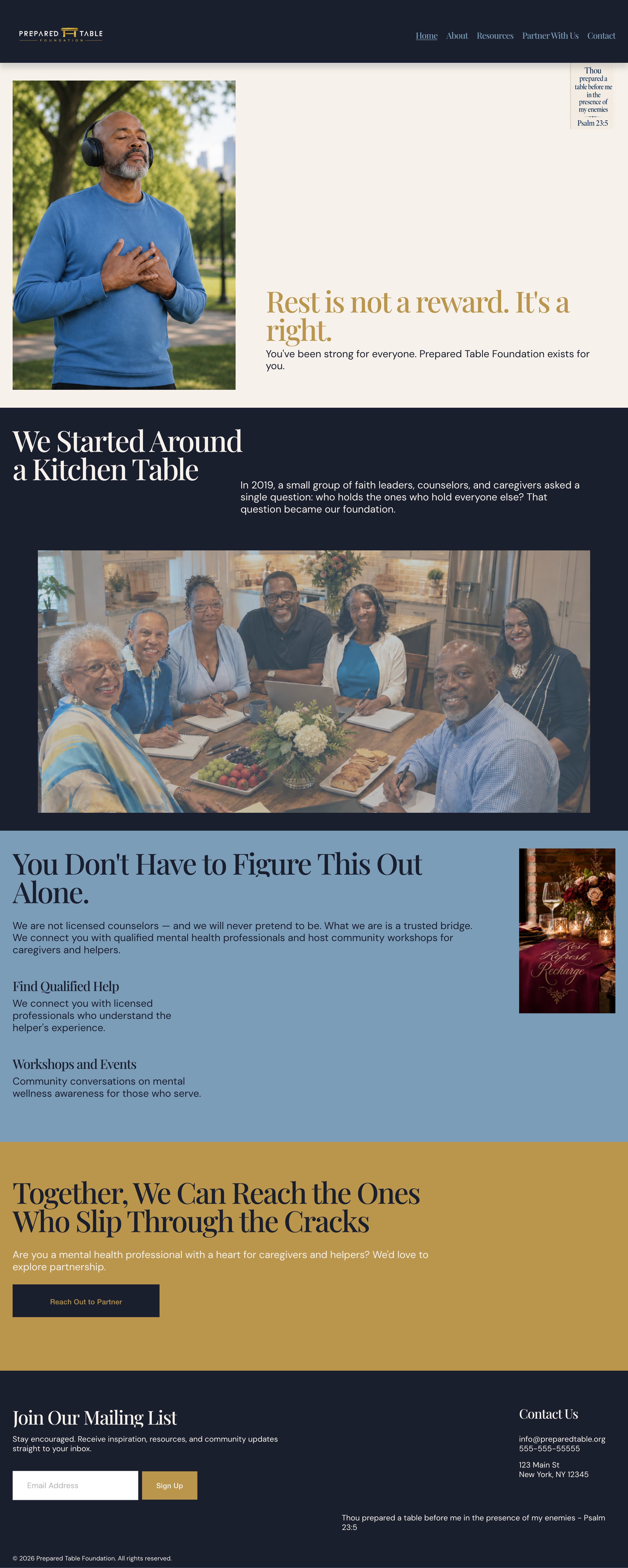 Prepared Table Foundation — Home page screenshot